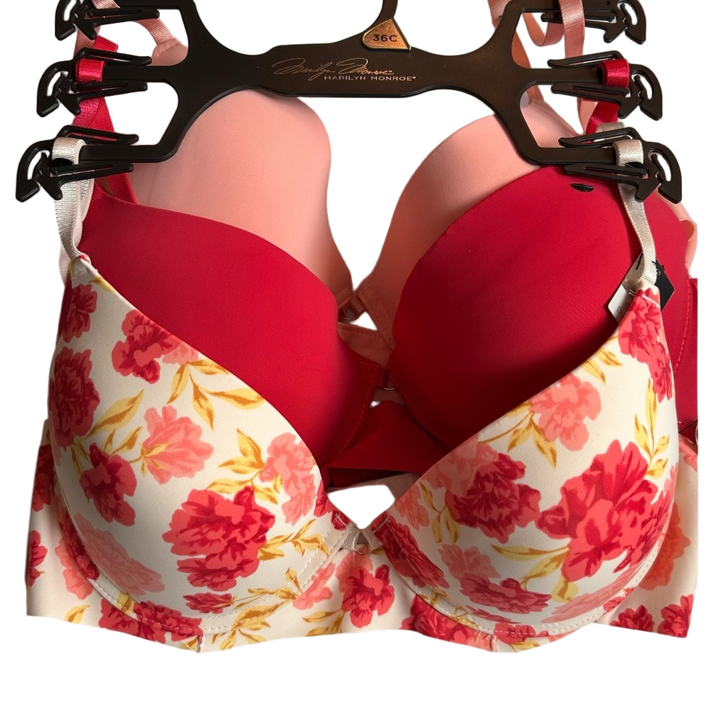 Marilyn Monroe 3 Push-Bra’s Floral Solid Pink Peach Size 36C NWT